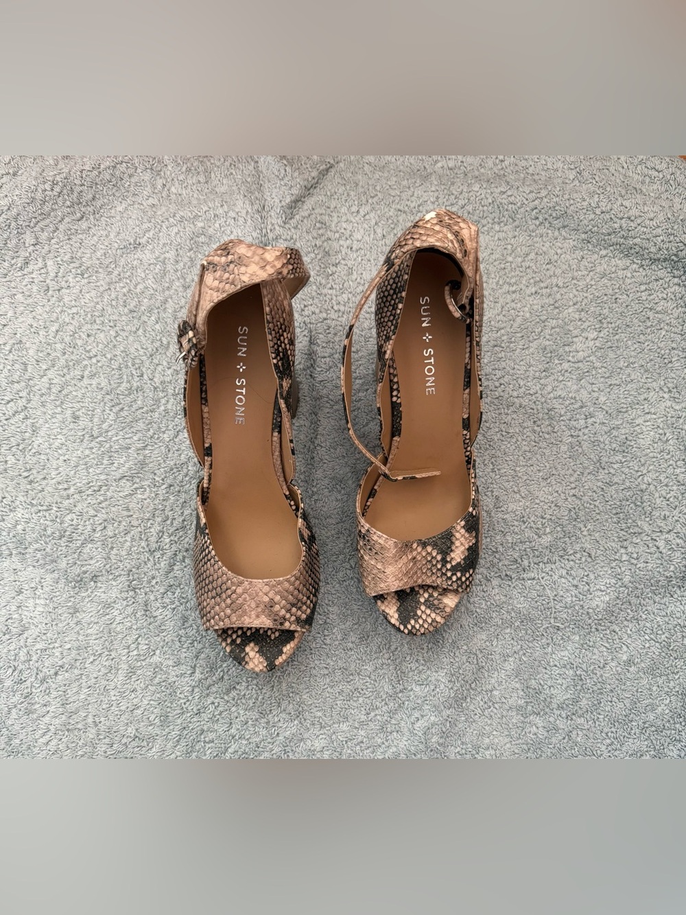 Sun + Stone Block Snakeprint Ankle Strap Heels Size 8M New